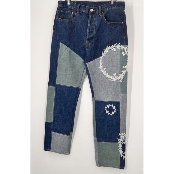 Mnml Jeans Mens 34 Fits 36x32 Patchwork Embroidered Baggy Denim Pants Floral - Picture 12 of 13
